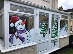 Christmas Window art - Snowman and christmas trees