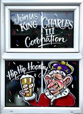 King Charles Coronation window painting - Bridgwater